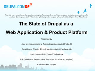 Note: this was a more Drupal-shop-specific session given 7 years ago. Several of these companies have either completely moved to
products (Develeopment Seed  Mapbox) or split their product company off and left with it (Chapter Three Pantheon).
The State of Drupal as a
Web Application & Product Platform
Presented by:
Alex Urevick-Ackelsberg, Zivtech (has since started Probo.CI)
Zack Rosen, Chapter Three (has since started Pantheon.IO)
Irakli Nadareishvili, Phase2 Technology
Eric Gunderson, Development Seed (has since started MapBox)
Chris Brookins, Acquia
 