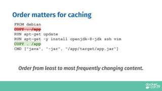 Order matters for caching
FROM debian
COPY . /app
RUN apt-get update
RUN apt-get -y install openjdk-8-jdk ssh vim
COPY . /app
CMD ["java", "-jar", "/app/target/app.jar"]
Order from least to most frequently changing content.
 