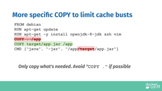 More speciﬁc COPY to limit cache busts
FROM debian
RUN apt-get update
RUN apt-get -y install openjdk-8-jdk ssh vim
COPY . /app
COPY target/app.jar /app
CMD ["java", "-jar", "/app/target/app.jar"]
Only copy what's needed. Avoid "COPY ." if possible
 