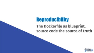 The Dockerﬁle as blueprint,
source code the source of truth
Reproducibility
 