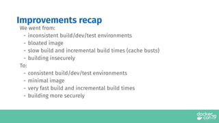 We went from:
- inconsistent build/dev/test environments
- bloated image
- slow build and incremental build times (cache busts)
- building insecurely
To:
- consistent build/dev/test environments
- minimal image
- very fast build and incremental build times
- building more securely
Improvements recap
 
