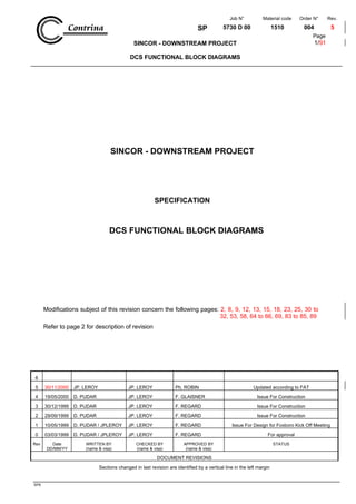 Job N° Material code Order N° Rev.
SP 5730 D 00 1510 004 5
SINCOR - DOWNSTREAM PROJECT
DCS FUNCTIONAL BLOCK DIAGRAMS
Page
1/91
SP6
SINCOR - DOWNSTREAM PROJECT
SPECIFICATION
DCS FUNCTIONAL BLOCK DIAGRAMS
6
5 30/11/2000 JP. LEROY JP. LEROY Ph. ROBIN Updated according to FAT
4 19/05/2000 D. PUDAR JP. LEROY F. GLAISNER Issue For Construction
3 30/12/1999 D. PUDAR JP. LEROY F. REGARD Issue For Construction
2 29/09/1999 D. PUDAR JP. LEROY F. REGARD Issue For Construction
1 10/05/1999 D. PUDAR / JPLEROY JP. LEROY F. REGARD Issue For Design for Foxboro Kick Off Meeting
0 03/03/1999 D. PUDAR / JPLEROY JP. LEROY F. REGARD For approval
Rev Date
DD/MM/YY
WRITTEN BY
(name & visa)
CHECKED BY
(name & visa)
APPROVED BY
(name & visa)
STATUS
DOCUMENT REVISIONS
Sections changed in last revision are identified by a vertical line in the left margin
Modifications subject of this revision concern the following pages: 2, 8, 9, 12, 13, 15, 18, 23, 25, 30 to
32, 53, 58, 64 to 66, 69, 83 to 85, 89
Refer to page 2 for description of revision
 
