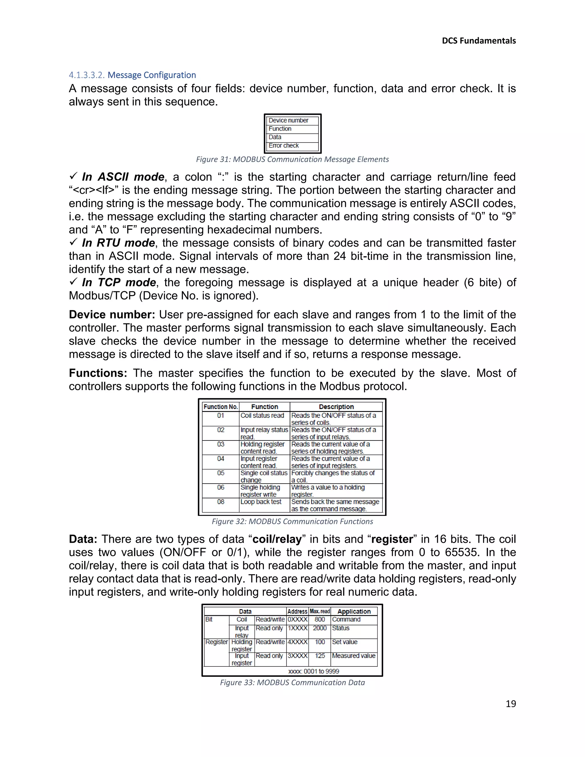 DCS Fundamentals
19
Message Configuration
A message consists of four fields: device number, function, data and error check. It is
always sent in this sequence.
Figure 31: MODBUS Communication Message Elements
✓ In ASCII mode, a colon “:” is the starting character and carriage return/line feed
“<cr><lf>” is the ending message string. The portion between the starting character and
ending string is the message body. The communication message is entirely ASCII codes,
i.e. the message excluding the starting character and ending string consists of “0” to “9”
and “A” to “F” representing hexadecimal numbers.
✓ In RTU mode, the message consists of binary codes and can be transmitted faster
than in ASCII mode. Signal intervals of more than 24 bit-time in the transmission line,
identify the start of a new message.
✓ In TCP mode, the foregoing message is displayed at a unique header (6 bite) of
Modbus/TCP (Device No. is ignored).
Device number: User pre-assigned for each slave and ranges from 1 to the limit of the
controller. The master performs signal transmission to each slave simultaneously. Each
slave checks the device number in the message to determine whether the received
message is directed to the slave itself and if so, returns a response message.
Functions: The master specifies the function to be executed by the slave. Most of
controllers supports the following functions in the Modbus protocol.
Figure 32: MODBUS Communication Functions
Data: There are two types of data “coil/relay” in bits and “register” in 16 bits. The coil
uses two values (ON/OFF or 0/1), while the register ranges from 0 to 65535. In the
coil/relay, there is coil data that is both readable and writable from the master, and input
relay contact data that is read-only. There are read/write data holding registers, read-only
input registers, and write-only holding registers for real numeric data.
Figure 33: MODBUS Communication Data
 