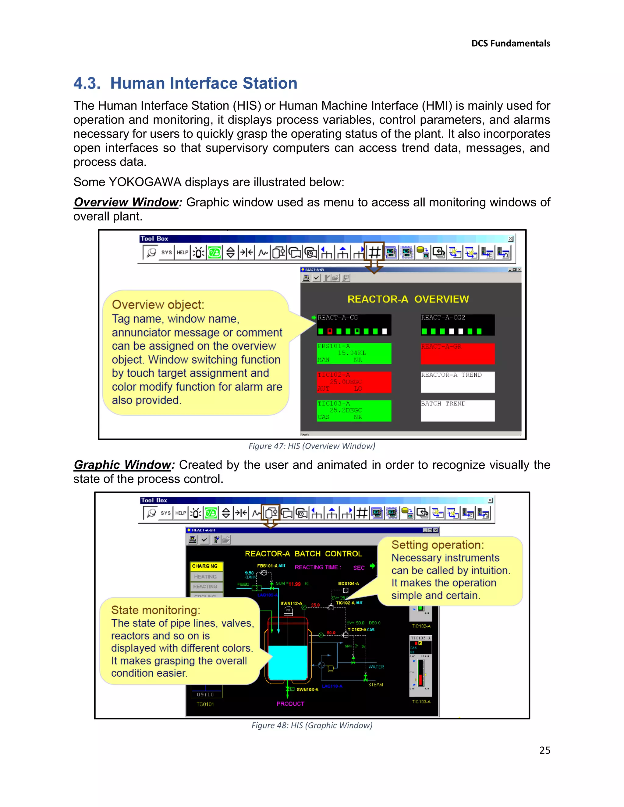 DCS Fundamentals
25
Human Interface Station
The Human Interface Station (HIS) or Human Machine Interface (HMI) is mainly used for
operation and monitoring, it displays process variables, control parameters, and alarms
necessary for users to quickly grasp the operating status of the plant. It also incorporates
open interfaces so that supervisory computers can access trend data, messages, and
process data.
Some YOKOGAWA displays are illustrated below:
Overview Window: Graphic window used as menu to access all monitoring windows of
overall plant.
Figure 47: HIS (Overview Window)
Graphic Window: Created by the user and animated in order to recognize visually the
state of the process control.
Figure 48: HIS (Graphic Window)
 