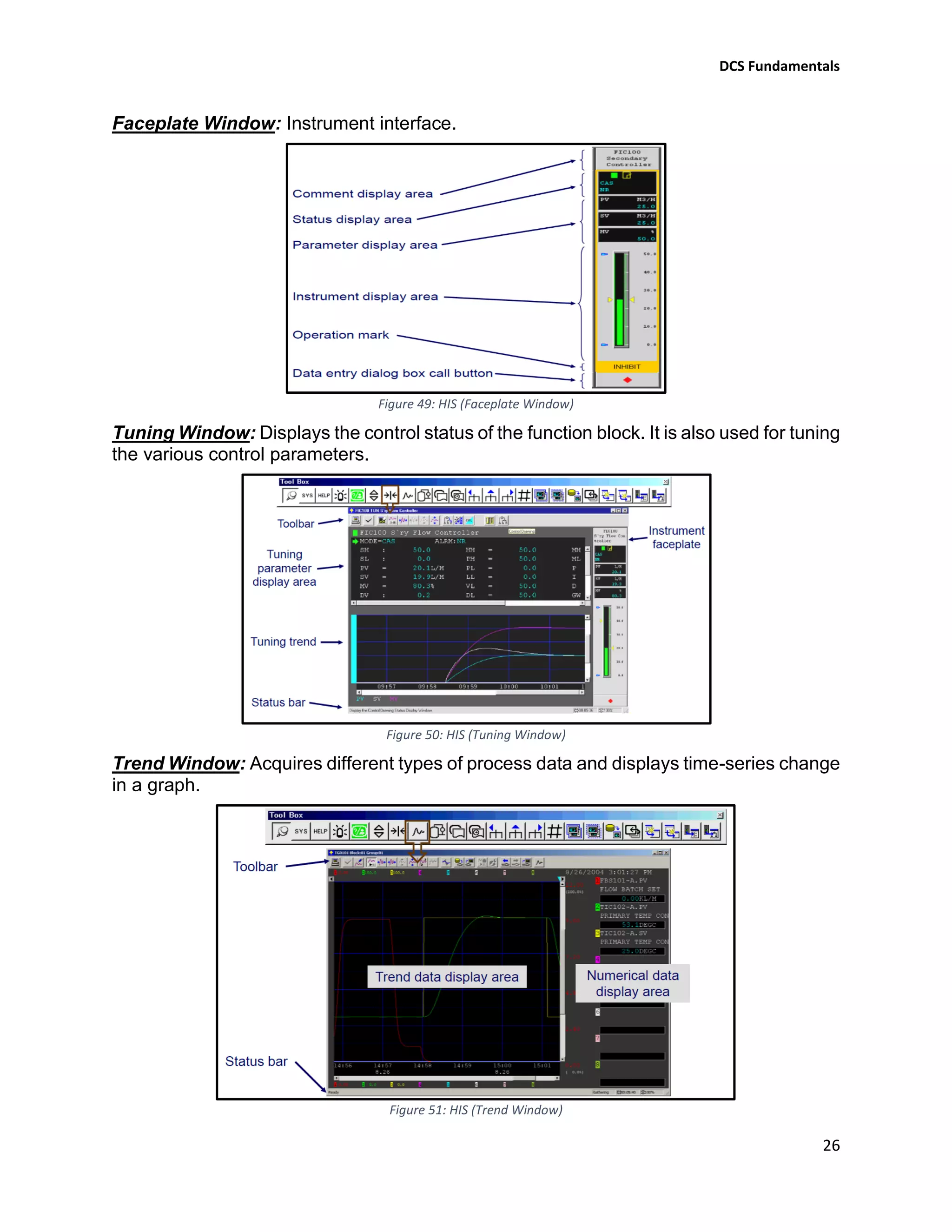 DCS Fundamentals
26
Faceplate Window: Instrument interface.
Figure 49: HIS (Faceplate Window)
Tuning Window: Displays the control status of the function block. It is also used for tuning
the various control parameters.
Figure 50: HIS (Tuning Window)
Trend Window: Acquires different types of process data and displays time-series change
in a graph.
Figure 51: HIS (Trend Window)
 