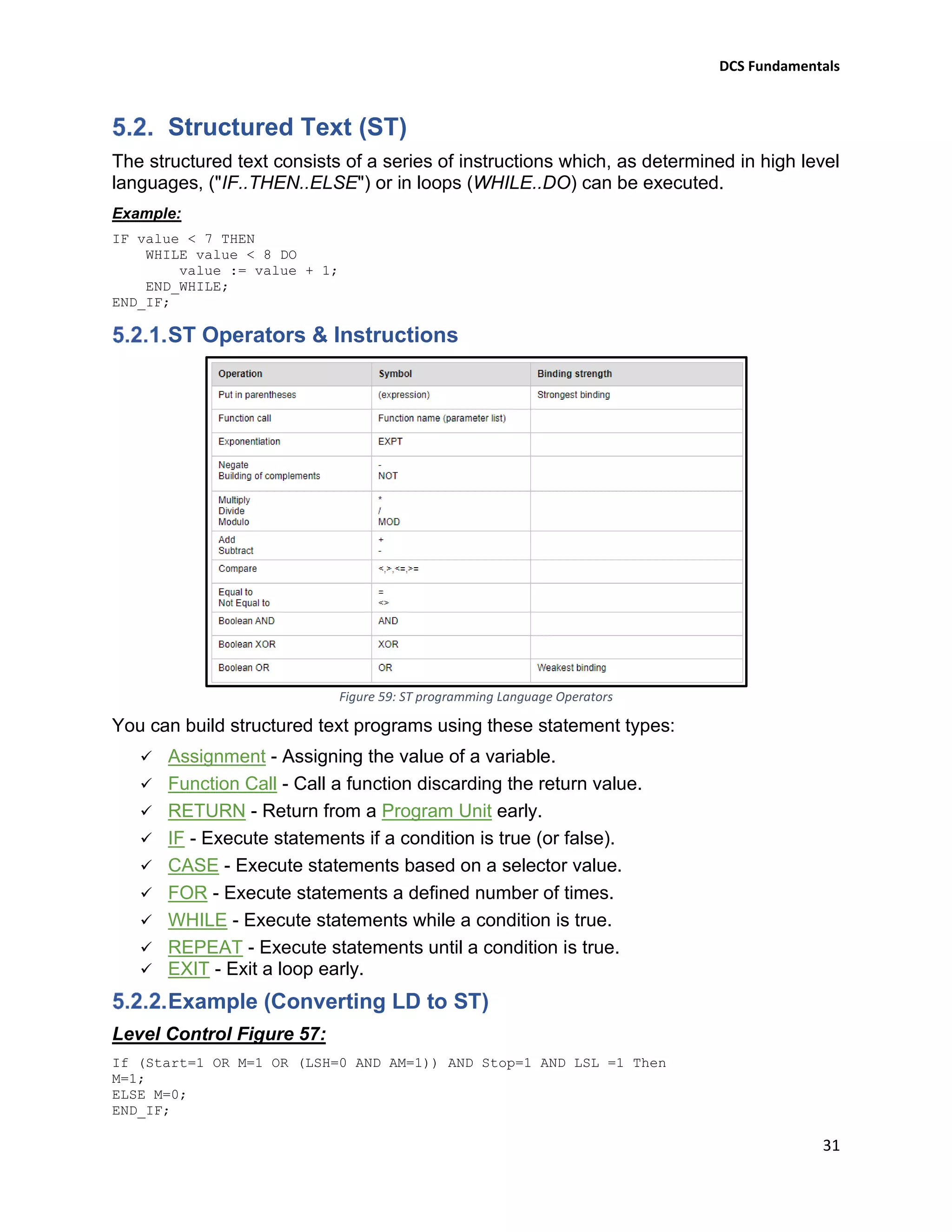 DCS Fundamentals
31
Structured Text (ST)
The structured text consists of a series of instructions which, as determined in high level
languages, ("IF..THEN..ELSE") or in loops (WHILE..DO) can be executed.
Example:
IF value < 7 THEN
WHILE value < 8 DO
value := value + 1;
END_WHILE;
END_IF;
ST Operators & Instructions
Figure 59: ST programming Language Operators
You can build structured text programs using these statement types:
✓ Assignment - Assigning the value of a variable.
✓ Function Call - Call a function discarding the return value.
✓ RETURN - Return from a Program Unit early.
✓ IF - Execute statements if a condition is true (or false).
✓ CASE - Execute statements based on a selector value.
✓ FOR - Execute statements a defined number of times.
✓ WHILE - Execute statements while a condition is true.
✓ REPEAT - Execute statements until a condition is true.
✓ EXIT - Exit a loop early.
Example (Converting LD to ST)
Level Control Figure 57:
If (Start=1 OR M=1 OR (LSH=0 AND AM=1)) AND Stop=1 AND LSL =1 Then
M=1;
ELSE M=0;
END_IF;
 