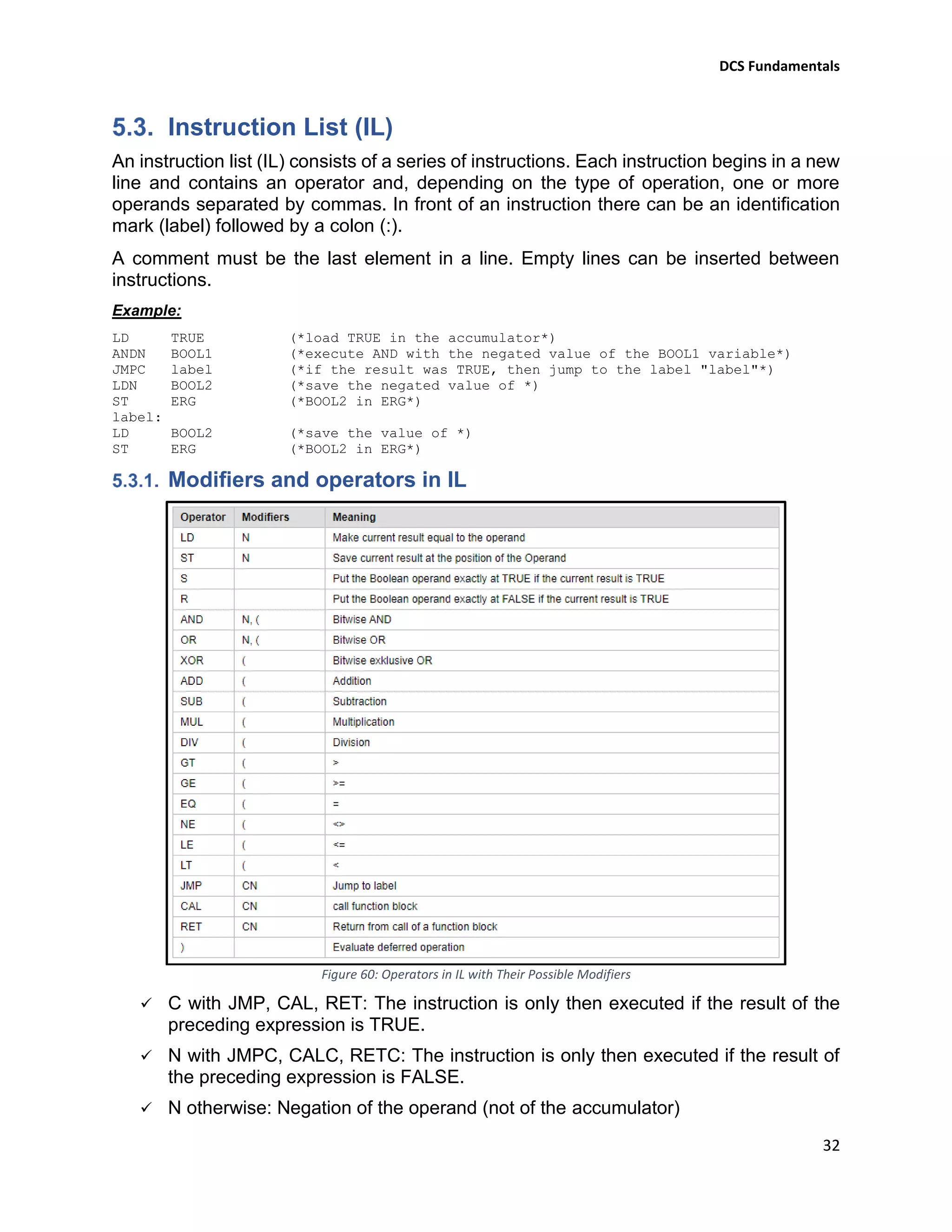 DCS Fundamentals
32
Instruction List (IL)
An instruction list (IL) consists of a series of instructions. Each instruction begins in a new
line and contains an operator and, depending on the type of operation, one or more
operands separated by commas. In front of an instruction there can be an identification
mark (label) followed by a colon (:).
A comment must be the last element in a line. Empty lines can be inserted between
instructions.
Example:
LD TRUE (*load TRUE in the accumulator*)
ANDN BOOL1 (*execute AND with the negated value of the BOOL1 variable*)
JMPC label (*if the result was TRUE, then jump to the label "label"*)
LDN BOOL2 (*save the negated value of *)
ST ERG (*BOOL2 in ERG*)
label:
LD BOOL2 (*save the value of *)
ST ERG (*BOOL2 in ERG*)
Modifiers and operators in IL
Figure 60: Operators in IL with Their Possible Modifiers
✓ C with JMP, CAL, RET: The instruction is only then executed if the result of the
preceding expression is TRUE.
✓ N with JMPC, CALC, RETC: The instruction is only then executed if the result of
the preceding expression is FALSE.
✓ N otherwise: Negation of the operand (not of the accumulator)
 