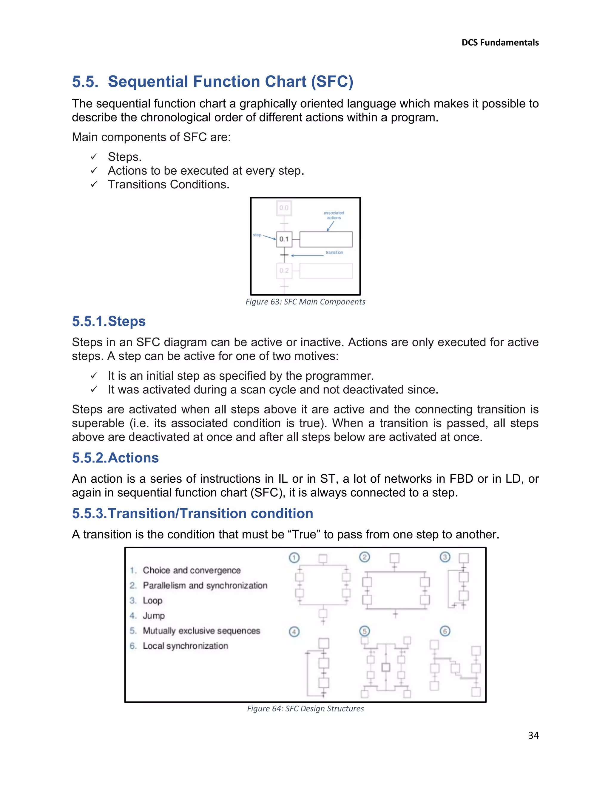 DCS Fundamentals
34
Sequential Function Chart (SFC)
The sequential function chart a graphically oriented language which makes it possible to
describe the chronological order of different actions within a program.
Main components of SFC are:
✓ Steps.
✓ Actions to be executed at every step.
✓ Transitions Conditions.
Figure 63: SFC Main Components
Steps
Steps in an SFC diagram can be active or inactive. Actions are only executed for active
steps. A step can be active for one of two motives:
✓ It is an initial step as specified by the programmer.
✓ It was activated during a scan cycle and not deactivated since.
Steps are activated when all steps above it are active and the connecting transition is
superable (i.e. its associated condition is true). When a transition is passed, all steps
above are deactivated at once and after all steps below are activated at once.
Actions
An action is a series of instructions in IL or in ST, a lot of networks in FBD or in LD, or
again in sequential function chart (SFC), it is always connected to a step.
Transition/Transition condition
A transition is the condition that must be “True” to pass from one step to another.
Figure 64: SFC Design Structures
 