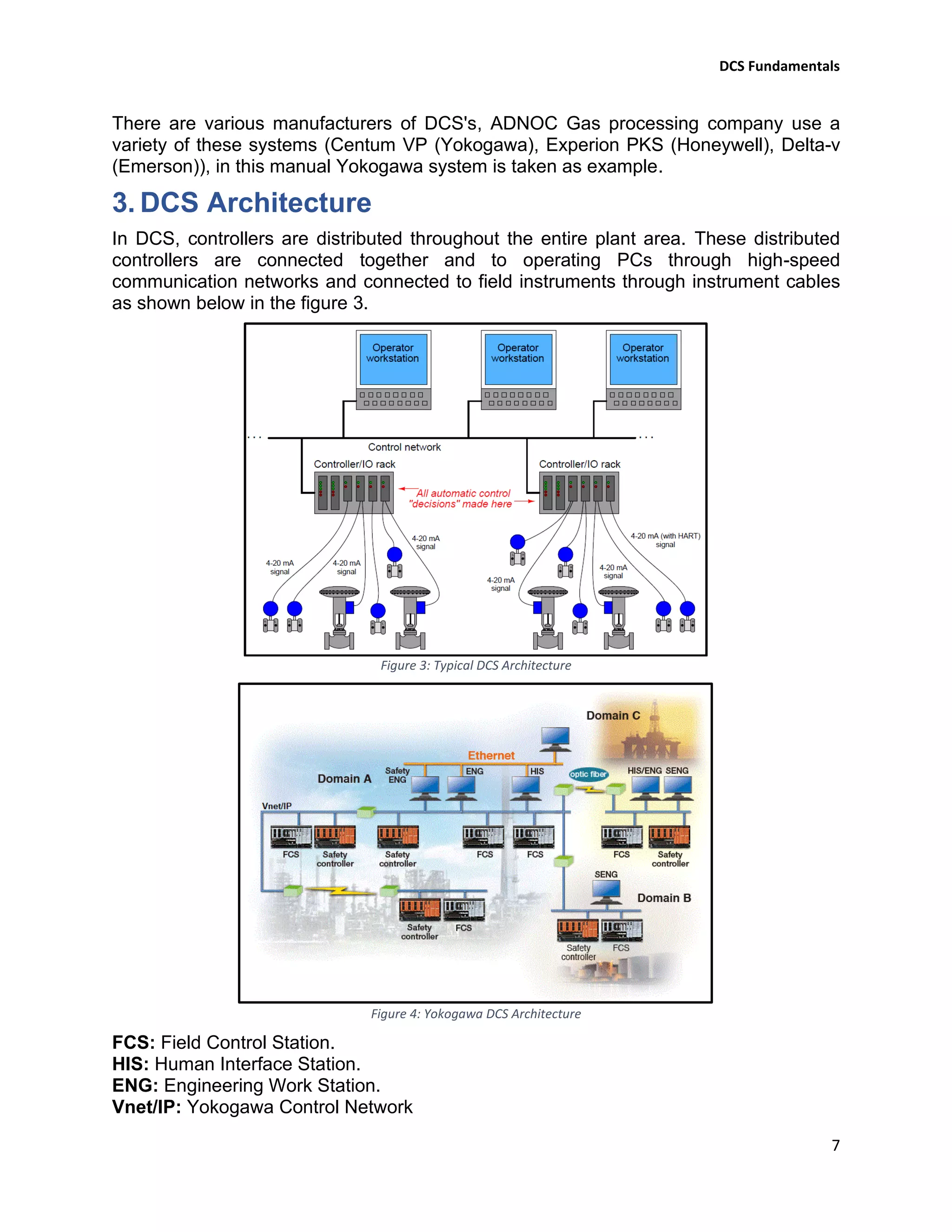 DCS Fundamentals
7
There are various manufacturers of DCS's, ADNOC Gas processing company use a
variety of these systems (Centum VP (Yokogawa), Experion PKS (Honeywell), Delta-v
(Emerson)), in this manual Yokogawa system is taken as example.
3. DCS Architecture
In DCS, controllers are distributed throughout the entire plant area. These distributed
controllers are connected together and to operating PCs through high-speed
communication networks and connected to field instruments through instrument cables
as shown below in the figure 3.
Figure 3: Typical DCS Architecture
Figure 4: Yokogawa DCS Architecture
FCS: Field Control Station.
HIS: Human Interface Station.
ENG: Engineering Work Station.
Vnet/IP: Yokogawa Control Network
 