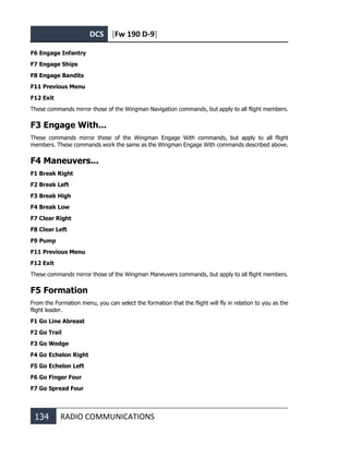 DCS [Fw 190 D-9]
134 RADIO COMMUNICATIONS
F6 Engage Infantry
F7 Engage Ships
F8 Engage Bandits
F11 Previous Menu
F12 Exit
These commands mirror those of the Wingman Navigation commands, but apply to all flight members.
F3 Engage With...
These commands mirror those of the Wingman Engage With commands, but apply to all flight
members. These commands work the same as the Wingman Engage With commands described above.
F4 Maneuvers...
F1 Break Right
F2 Break Left
F3 Break High
F4 Break Low
F7 Clear Right
F8 Clear Left
F9 Pump
F11 Previous Menu
F12 Exit
These commands mirror those of the Wingman Maneuvers commands, but apply to all flight members.
F5 Formation
From the Formation menu, you can select the formation that the flight will fly in relation to you as the
flight leader.
F1 Go Line Abreast
F2 Go Trail
F3 Go Wedge
F4 Go Echelon Right
F5 Go Echelon Left
F6 Go Finger Four
F7 Go Spread Four
 