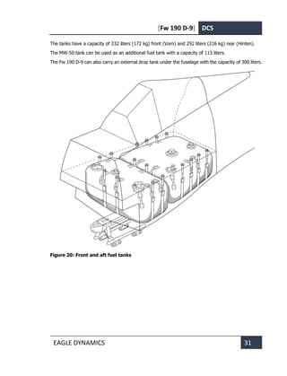 [Fw 190 D-9] DCS
EAGLE DYNAMICS 31
The tanks have a capacity of 232 liters (172 kg) front (Vorn) and 292 liters (216 kg) rear (Hinten).
The MW-50 tank can be used as an additional fuel tank with a capacity of 115 liters.
The Fw 190 D-9 can also carry an external drop tank under the fuselage with the capacity of 300 liters.
Figure 20: Front and aft fuel tanks
 