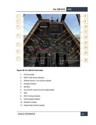 [Fw 190 D-9] DCS
EAGLE DYNAMICS 51
Figure 38: Fw 190 D-9 front dash
1. EZ 42 gunsight
2. SZKK 4 with ammo indicators
3. Artificial horizon / turn & bank indicator
4. Airspeed indicator
5. Altimeter
6. FuG 25a IFF control unit (not implemented)
7. Stick
8. AFN-2 homing indicator
9. Vertical speed indicator
10. Repeater compass
11. Supercharger pressure gauge
1
2
8
4
3
9
5
10
11
12
6
13
14
15
7
16
 