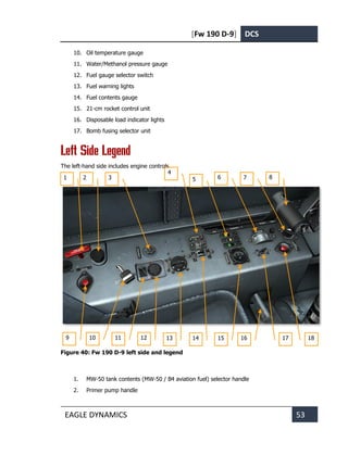 [Fw 190 D-9] DCS
EAGLE DYNAMICS 53
10. Oil temperature gauge
11. Water/Methanol pressure gauge
12. Fuel gauge selector switch
13. Fuel warning lights
14. Fuel contents gauge
15. 21-cm rocket control unit
16. Disposable load indicator lights
17. Bomb fusing selector unit
Left Side Legend
The left-hand side includes engine controls.
Figure 40: Fw 190 D-9 left side and legend
1. MW-50 tank contents (MW-50 / B4 aviation fuel) selector handle
2. Primer pump handle
9 10 11 12 13 14 15 17 18
1 2 3 6
4
5 8
7
16
 