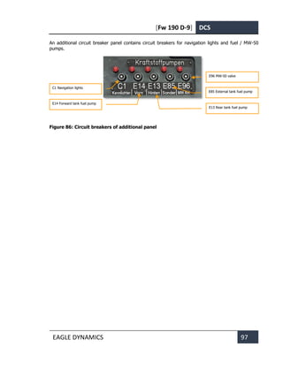[Fw 190 D-9] DCS
EAGLE DYNAMICS 97
An additional circuit breaker panel contains circuit breakers for navigation lights and fuel / MW-50
pumps.
Figure 86: Circuit breakers of additional panel
C1 Navigation lights
E14 Forward tank fuel pump
E13 Rear tank fuel pump
E96 MW-50 valve
E85 External tank fuel pump
 