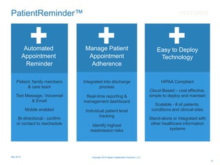 Patient, family members
& care team
Text Message, Voicemail
& Email
Mobile enabled
Bi-directional - confirm
or contact to reschedule
Manage Patient
Appointment
Adherence
Easy to Deploy
Technology
Automated
Appointment
Reminder
Integrated into discharge
process
Real-time reporting &
management dashboard
Individual patient level
tracking
Identify highest
readmission risks
HIPAA Compliant
Cloud-Based – cost effective,
simple to deploy and maintain
Scalable - # of patients,
conditions and clinical sites
Stand-alone or integrated with
other healthcare information
systems
PatientReminder™ FEATURES
12
Copyright 2015 Digital Collaboration Solutions, LLCMay 2015
 