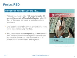 • Patients who received the RED experienced a 30
percent lower rate of hospital utilization within 30
days of discharge compared to patients receiving
usual care.
• One readmission or ED visit was prevented for every
seven patients receiving the RED.
• RED patients cost an average of $412 less in the 30
days following hospital discharge than patients who
did not receive the RED. This represents a 33.9
percent lower observed cost for this group.
Why should hospitals use the RED?
18
Project RED
AHRQ Publication No. 12(13)-0084 March 2013
Copyright 2015 Digital Collaboration Solutions, LLCMay 2015
 