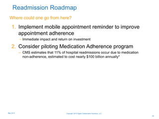 Readmission Roadmap
1. Implement mobile appointment reminder to improve
appointment adherence
– Immediate impact and return on investment
2. Consider piloting Medication Adherence program
– CMS estimates that 11% of hospital readmissions occur due to medication
non-adherence, estimated to cost nearly $100 billion annually*
Where could one go from here?
40
Copyright 2015 Digital Collaboration Solutions, LLCMay 2015
 