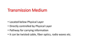 Transmission Medium
• Located below Physical Layer
• Directly controlled by Physical Layer
• Pathway for carrying information
• It can be twisted cable, fiber optics, radio waves etc.
 