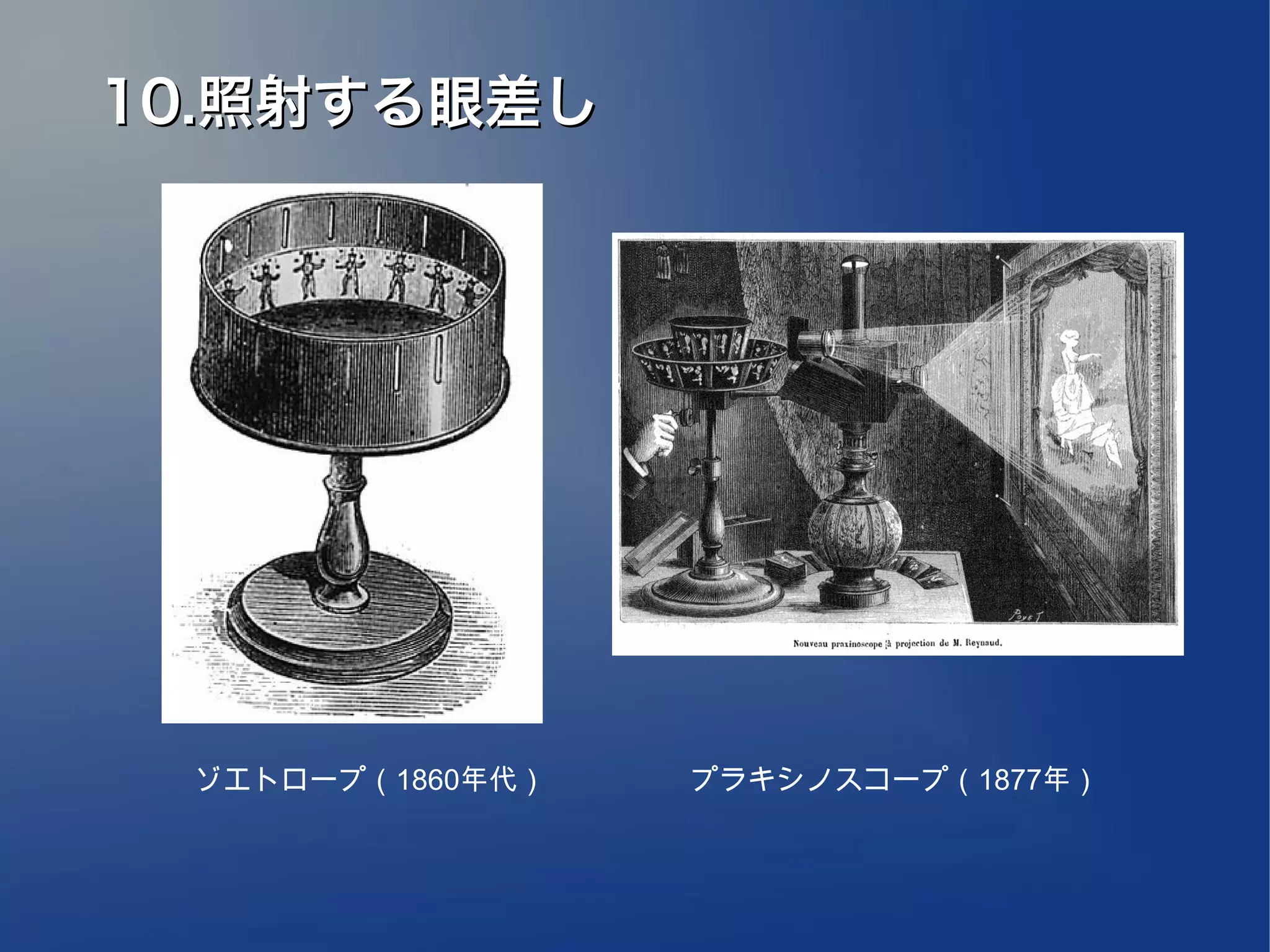 10.照射する眼差し




 ゾエトロープ（1860年代）　　　　　プラキシノスコープ（1877年）
 
