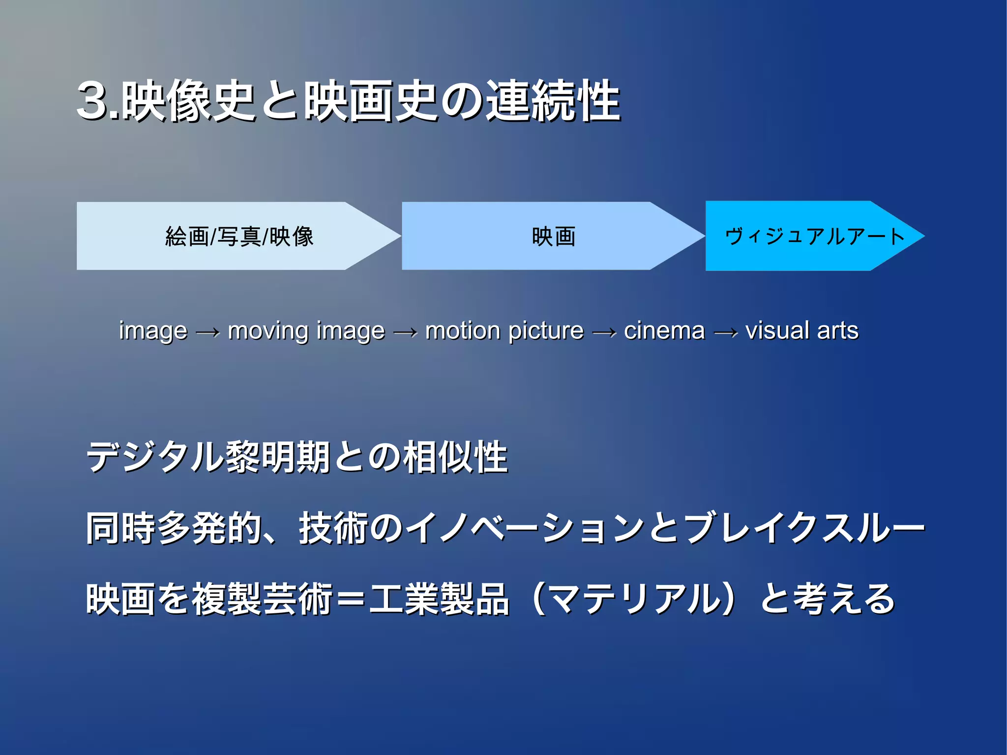 3.映像史と映画史の連続性

    絵画/写真/映像                      映画             ヴィジュアルアート



 image → moving image → motion picture → cinema → visual arts




デジタル黎明期との相似性

同時多発的、技術のイノベーションとブレイクスルー
映画を複製芸術＝工業製品（マテリアル）と考える
 