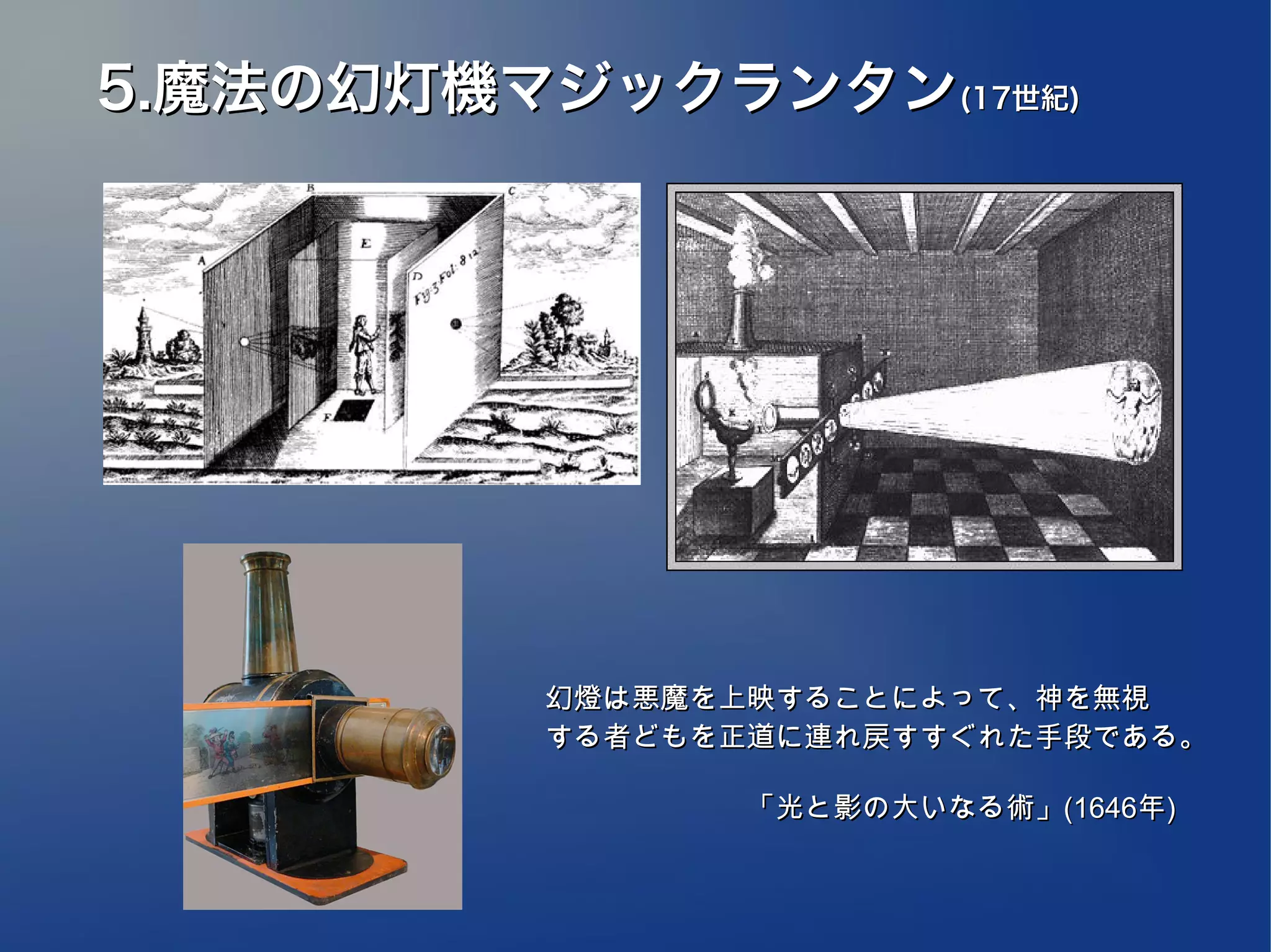 5.魔法の幻灯機マジックランタン(17世紀)




          幻燈は悪魔を上映することによって、神を無視
          する者どもを正道に連れ戻すすぐれた手段である。

          　　　　　　　「光と影の大いなる術」(1646年)
          　
 