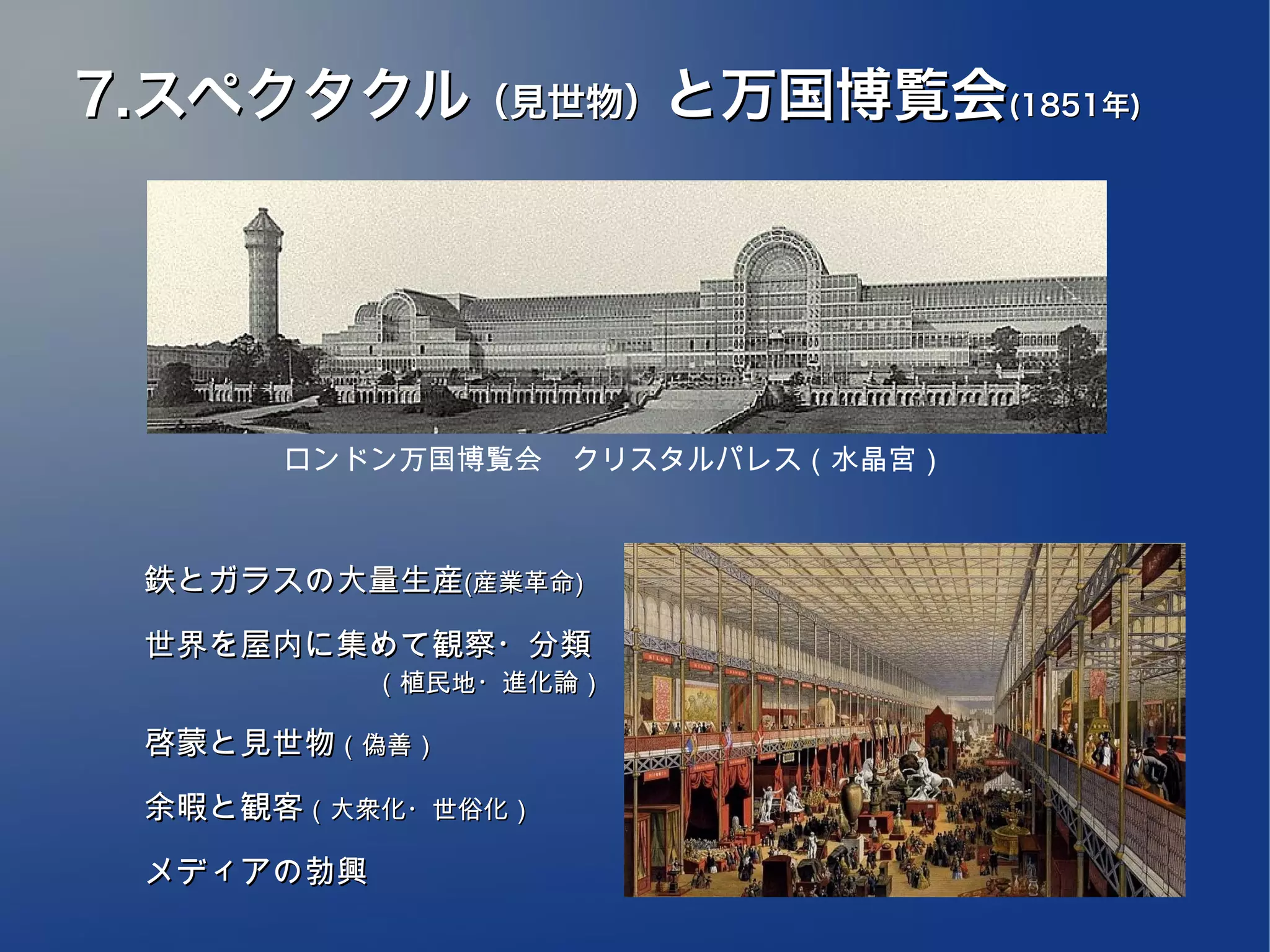 7.スペクタクル（見世物）と万国博覧会(1851年)




      ロンドン万国博覧会　クリスタルパレス（水晶宮）



 鉄とガラスの大量生産(産業革命)

 世界を屋内に集めて観察・分類
 　　　　　　　　　（植民地・進化論）

 啓蒙と見世物（偽善）

 余暇と観客（大衆化・世俗化）

 メディアの勃興
 
