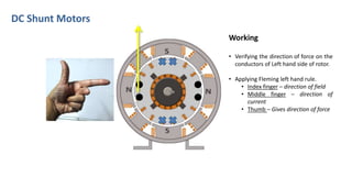 DC Shunt Motors
Working
• Verifying the direction of force on the
conductors of Left hand side of rotor.
• Applying Fleming left hand rule.
• Index finger – direction of field
• Middle finger – direction of
current
• Thumb – Gives direction of force
 
