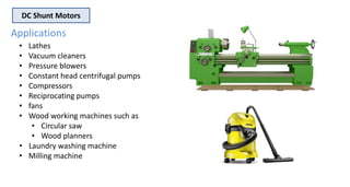 DC Shunt Motors
• Lathes
• Vacuum cleaners
• Pressure blowers
• Constant head centrifugal pumps
• Compressors
• Reciprocating pumps
• fans
• Wood working machines such as
• Circular saw
• Wood planners
• Laundry washing machine
• Milling machine
Applications
 