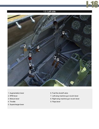 1.3. Left side
1. Augmentation lever
2. RPM lever
3. Mixture lever
4. Throttle
5. Supercharger lever
6. Fuel fire shutoff valve
7. Left-wing machine gun re-arm lever
8. Right-wing machine gun re-arm lever
9. Flaps lever
 