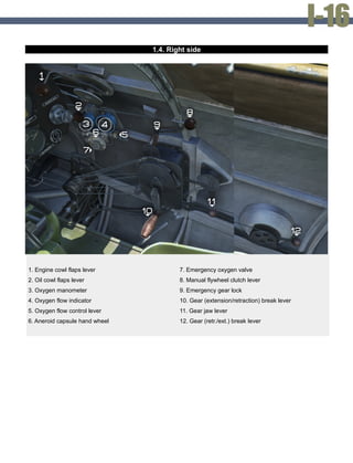 1.4. Right side
1. Engine cowl flaps lever
2. Oil cowl flaps lever
3. Oxygen manometer
4. Oxygen flow indicator
5. Oxygen flow control lever
6. Aneroid capsule hand wheel
7. Emergency oxygen valve
8. Manual flywheel clutch lever
9. Emergency gear lock
10. Gear (extension/retraction) break lever
11. Gear jaw lever
12. Gear (retr./ext.) break lever
 