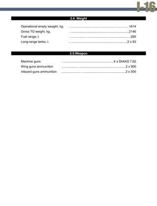 2.4. Weight
Operational empty weaght, kg. ….................................................................1614
Gross TO weight, kg. ….................................................................2146
Fuel range, l. …................…...............................................260
Long-range tanks, l. …...............................................................2 х 93
2.5.Weapon
Machine guns …........................................................4 x ShKAS 7.62
Wing guns ammunition …..............…....................................................2 x 900
Inboard guns ammunition …..................…................................................2 x 500
 