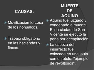 MUERTE
     CAUSAS:                    DE
                              AQUINO
                      Aquino fue juzgado y
 Movilización forzosa
                       condenado a muerte.
  de los nonualcos.
                       En la ciudad de San
                       Vicente se ejecutó la
 Trabajo obligatorio  pena por decapitación.
  en las haciendas y  La cabeza del
  fincas.              insurrecto fue
                       colocada en una jaula
                       con el rótulo: "ejemplo
                       de revoltosos".
 