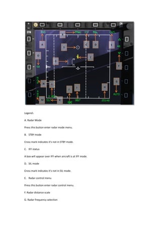 Legend：
A. Radar Mode
Press this button enter radar mode menu.
B. STBY mode
Cross mark indicates it’s not in STBY mode.
C. IFF status
A box will appear over IFF when aircraft is at IFF mode.
D. SIL mode
Cross mark indicates it’s not in SIL mode.
E. Radar control menu
Press this button enter radar control menu.
F. Radar distance scale
G. Radar frequency selection
 