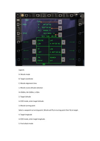 Legend：
A. Missile mode
B. Target coordinate
C. Missile alignment time
1. Missile cruise altitude selection
H=3500m, M=1500m, L=50m
2. Target latitude
In COO mode, enter target latitude.
3. Missile turning point
Select a waypoint as turning point. Missile will fly to turning point then fly to target.
4. Target longitude
In COO mode, enter target longitude.
5. Final attack mode
 