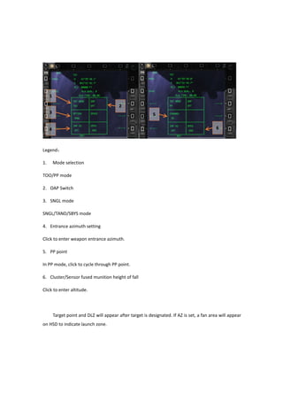 Legend：
1. Mode selection
TOO/PP mode
2. OAP Switch
3. SNGL mode
SNGL/TAND/SBYS mode
4. Entrance azimuth setting
Click to enter weapon entrance azimuth.
5. PP point
In PP mode, click to cycle through PP point.
6. Cluster/Sensor fused munition height of fall
Click to enter altitude.
Target point and DLZ will appear after target is designated. If AZ is set, a fan area will appear
on HSD to indicate launch zone.
 