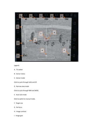 Legend：
A. TV seeker
B. Sensor status
C. Sensor mode
Click to cycle through SLAV and SP.
D. Narrow view mode
Click to cycle through NAR and WIDE.
E. Auto lock mode
Click to switch to manual mode.
F. Target size
G. Re-focus
H. Image contrast
I. Image gain
 
