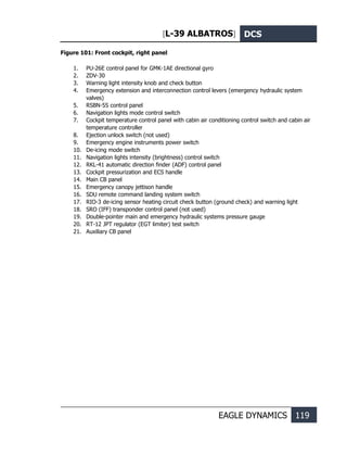 [L-39 ALBATROS] DCS
EAGLE DYNAMICS 119
Figure 101: Front cockpit, right panel
1. PU-26E control panel for GMK-1AE directional gyro
2. ZDV-30
3. Warning light intensity knob and check button
4. Emergency extension and interconnection control levers (emergency hydraulic system
valves)
5. RSBN-5S control panel
6. Navigation lights mode control switch
7. Cockpit temperature control panel with cabin air conditioning control switch and cabin air
temperature controller
8. Ejection unlock switch (not used)
9. Emergency engine instruments power switch
10. De-icing mode switch
11. Navigation lights intensity (brightness) control switch
12. RKL-41 automatic direction finder (ADF) control panel
13. Cockpit pressurization and ECS handle
14. Main CB panel
15. Emergency canopy jettison handle
16. SDU remote command landing system switch
17. RIO-3 de-icing sensor heating circuit check button (ground check) and warning light
18. SRO (IFF) transponder control panel (not used)
19. Double-pointer main and emergency hydraulic systems pressure gauge
20. RT-12 JPT regulator (EGT limiter) test switch
21. Auxiliary CB panel
 