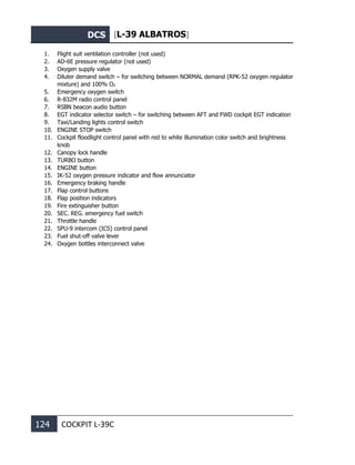 DCS [L-39 ALBATROS]
124 COCKPIT L-39С
1. Flight suit ventilation controller (not used)
2. AD-6E pressure regulator (not used)
3. Oxygen supply valve
4. Diluter demand switch – for switching between NORMAL demand (RPK-52 oxygen regulator
mixture) and 100% O2
5. Emergency oxygen switch
6. R-832M radio control panel
7. RSBN beacon audio button
8. EGT indicator selector switch – for switching between AFT and FWD cockpit EGT indication
9. Taxi/Landing lights control switch
10. ENGINE STOP switch
11. Cockpit floodlight control panel with red to white illumination color switch and brightness
knob
12. Canopy lock handle
13. TURBO button
14. ENGINE button
15. IK-52 oxygen pressure indicator and flow annunciator
16. Emergency braking handle
17. Flap control buttons
18. Flap position indicators
19. Fire extinguisher button
20. SEC. REG. emergency fuel switch
21. Throttle handle
22. SPU-9 intercom (ICS) control panel
23. Fuel shut-off valve lever
24. Oxygen bottles interconnect valve
 
