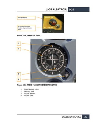 [L-39 ALBATROS] DCS
EAGLE DYNAMICS 143
Figure 120: ERROR GA lamp
Figure 121: RADIO MAGNETIC INDICATOR (RMI)
1. Fixed heading index
2. Heading scale
3. Course pointer
4. Course knob
ERROR GA lamp
MC SYNCHR. Magnetic
heading alignment button
lamp
1
2
3
4
 