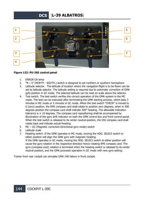 DCS [L-39 ALBATROS]
144 COCKPIT L-39С
Figure 122: PU-26E control panel
1. ERROR GA lamp
2. “N – S” (NORTH - SOUTH.) switch is designed to set northern or southern hemisphere
3. Latitude selector. The latitude of location where the navigation flight is to be flown can be
set by latitude selector. The latitude setting is required due to automatic correction of GMK
gyfo position in GC mode. The selected latitude can be read on scale above the selector.
4. Test switch. The test switch verifies the correct operation of the GMK system in the MC
mode. The test can be executed after terminating the GMK starting process, which lasts 3
minutes in MC mode or 5 minutes in GC mode. When the test switch "CHECK" is moved to
0 (zero) position, the RMI compass card shall rotate to position zero degrees, when in 300
degrees position the compass card shall indicate 300° heading. The allowable indication
tolerance is ± 10 degrees. The compass card repositioning shall be accompanied by
illumination of the gyro drift indicator on both the GMK control box and front control panel.
When the test switch is released to its center neutral position, the HSI compass card shall
rotate back and indicate actual heading.
5. MC – GC (Magnetic correction-Directional gyro mode) switch
6. Latitude scale
7. Heading switch. If the GMK operates in MC mode, moving the HDG. SELECI switch to
either position will align the GMK gyro with magnetic heading.
If the GMK operates in GC mode, moving the HDG. SELECI switch to either position will
cause the gyro rotation in the respective direction hence rotating RMI compass card. The
gyro (compass card) rotation is terminted when the heading switch is released to its center
neutral position, and the GMK proceeds operation in GC mode with new gyro setting.
Trainer from rear cockpit can simulate GMK-1AE failure in front cockpit.
1
2
3
4
5
6
7
 