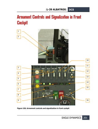 [L-39 ALBATROS] DCS
EAGLE DYNAMICS 201
Armament Controls and Signalization in Front
Cockpit
Figure 156: Armament controls and signalization in front cockpit
1
2
3
4
5
6
7
8
9
10
11
12
13
14
15
16
 