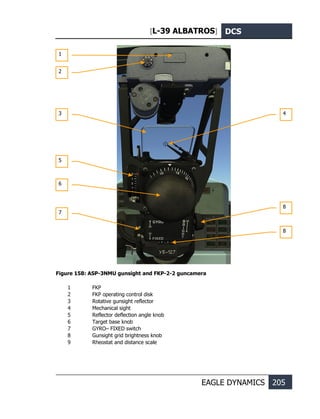 [L-39 ALBATROS] DCS
EAGLE DYNAMICS 205
Figure 158: ASP-3NMU gunsight and FKP-2-2 guncamera
1 FKP
2 FKP operating control disk
3 Rotative gunsight reflector
4 Mechanical sight
5 Reflector deflection angle knob
6 Target base knob
7 GYRO– FIXED switch
8 Gunsight grid brightness knob
9 Rheostat and distance scale
1
2
3 4
5
6
7
8
8
 
