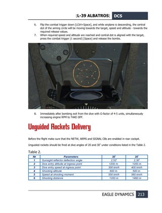 [L-39 ALBATROS] DCS
EAGLE DYNAMICS 213
6. Flip the combat trigger down [LCtrl+Space], and while airplane is descending, the central
dot of the aiming circle will be moving towards the target, speed and altitude - towards the
required release values.
7. When required speed and altitude are reached and central dot is aligned with the target,
press the combat trigger (1 second) [Space] and release the bombs.
8. Immediately after bombing exit from the dive with G-factor of 4-5 units, simultaneously
increasing engine RPM to TAKE OFF.
Unguided Rockets Delivery
Before the flight make sure that the NETW, ARMS and SIGNAL CBs are enabled in rear cockpit.
Unguided rockets should be fired at dive angles of 20 and 30º
under conditions listed in the Table 2.
Table 2.
№ Parameters 30º
20º
1 Gunsight reflector deflection angle 2,53º
2,30º
2 Dive entry altitude at ingress point 1200 m. 1200 m
3 Dive entry speed at ingress point 300 km/h 400 km/h
4 Shooting altitude 600 m. 500 m.
5 Speed at shooting moment 550 km/h 560 km/h
6 Shooting distance 1200 m 1460 m
 