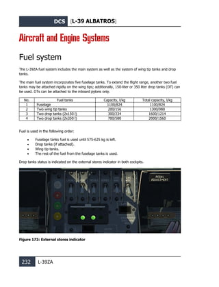 DCS [L-39 ALBATROS]
232 L-39ZA
Aircraft and Engine Systems
Fuel system
The L-39ZA fuel system includes the main system as well as the system of wing tip tanks and drop
tanks.
The main fuel system incorporates five fuselage tanks. To extend the flight range, another two fuel
tanks may be attached rigidly on the wing tips; additionally, 150-liter or 350 liter drop tanks (DT) can
be used. DTs can be attached to the inboard pylons only.
No. Fuel tanks Capacity, l/kg Total capacity, l/kg
1 Fuselage 1100/824 1100/824
2 Two wing tip tanks 200/156 1300/980
3 Two drop tanks (2х150 l) 300/234 1600/1214
4 Two drop tanks (2х350 l) 700/580 2000/1560
Fuel is used in the following order:
• Fuselage tanks fuel is used until 575-625 kg is left.
• Drop tanks (if attached).
• Wing tip tanks.
• The rest of the fuel from the fuselage tanks is used.
Drop tanks status is indicated on the external stores indicator in both cockpits.
Figure 173: External stores indicator
 