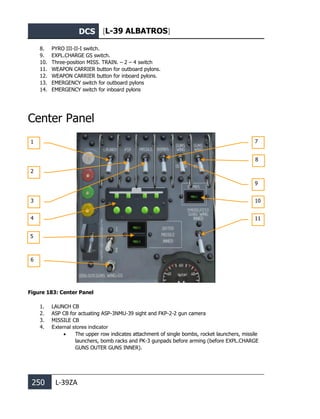 DCS [L-39 ALBATROS]
250 L-39ZA
8. PYRO III-II-I switch.
9. EXPL.CHARGE GS switch.
10. Three-position MISS. TRAIN. – 2 – 4 switch
11. WEAPON CARRIER button for outboard pylons.
12. WEAPON CARRIER button for inboard pylons.
13. EMERGENCY switch for outboard pylons
14. EMERGENCY switch for inboard pylons
Center Panel
Figure 183: Center Panel
1. LAUNCH CB
2. ASP CB for actuating ASP-3NMU-39 sight and FKP-2-2 gun camera
3. MISSILE CB
4. External stores indicator
• The upper row indicates attachment of single bombs, rocket launchers, missile
launchers, bomb racks and PK-3 gunpads before arming (before EXPL.CHARGE
GUNS OUTER GUNS INNER).
1
2
3
4
6
7
8
9
10
11
5
 