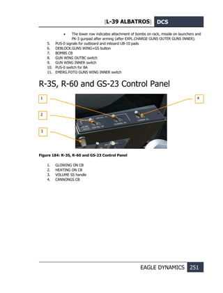 [L-39 ALBATROS] DCS
EAGLE DYNAMICS 251
• The lower row indicates attachment of bombs on rack, missile on launchers and
PK-3 gunpad after arming (after EXPL.CHARGE GUNS OUTER GUNS INNER).
5. PUS-0 signals for outboard and inboard UB-10 pads
6. DEBLOCK.GUNS WING+GS button
7. BOMBS CB
8. GUN WING OUTBC switch
9. GUN WING INNER switch
10. PUS-0 switch for BA
11. EMERG.FOTO GUNS WING INNER switch
R-3S, R-60 and GS-23 Control Panel
Figure 184: R-3S, R-60 and GS-23 Control Panel
1. GLOWING ON CB
2. HEATING ON CB
3. VOLUME SS handle
4. CANNONGS CB
1
2
3
4
 