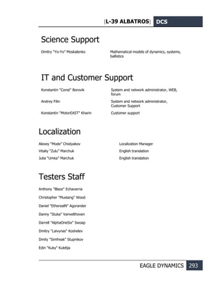[L-39 ALBATROS] DCS
EAGLE DYNAMICS 293
Science Support
Dmitry “Yo-Yo” Moskalenko Mathematical models of dynamics, systems,
ballistics
IT and Customer Support
Konstantin "Const" Borovik System and network administrator, WEB,
forum
Andrey Filin System and network administrator,
Customer Support
Konstantin "MotorEAST" Kharin Customer support
Localization
Alexey “Mode” Chistyakov Localization Manager
Vitaliy “Zulu” Marchuk English translation
Julia “Umka” Marchuk English translation
Testers Staff
Anthony "Blaze" Echavarria
Christopher "Mustang" Wood
Daniel "EtherealN" Agorander
Danny "Stuka" Vanvelthoven
Darrell "AlphaOneSix" Swoap
Dmitry "Laivynas" Koshelev
Dmity "Simfreak" Stupnikov
Edin "Kuky" Kulelija
 