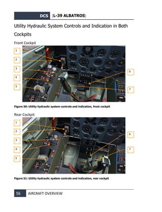 DCS [L-39 ALBATROS]
56 AIRCRAFT OVERVIEW
Utility Hydraulic System Controls and Indication in Both
Cockpits
Front Cockpit
Figure 50: Utility hydraulic system controls and indication, front cockpit
Rear Cockpit
Figure 51: Utility hydraulic system controls and indication, rear cockpit
1
2
3
4
5
6
7
1
2
3
4
5
6
7
 