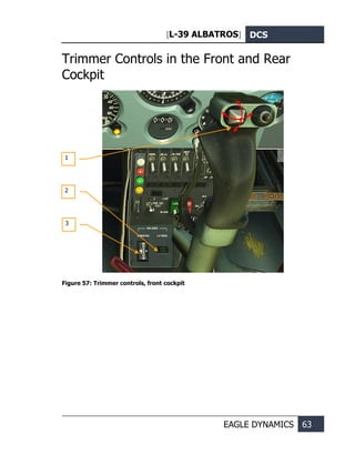 [L-39 ALBATROS] DCS
EAGLE DYNAMICS 63
Trimmer Controls in the Front and Rear
Cockpit
Figure 57: Trimmer controls, front cockpit
2
1
3
 