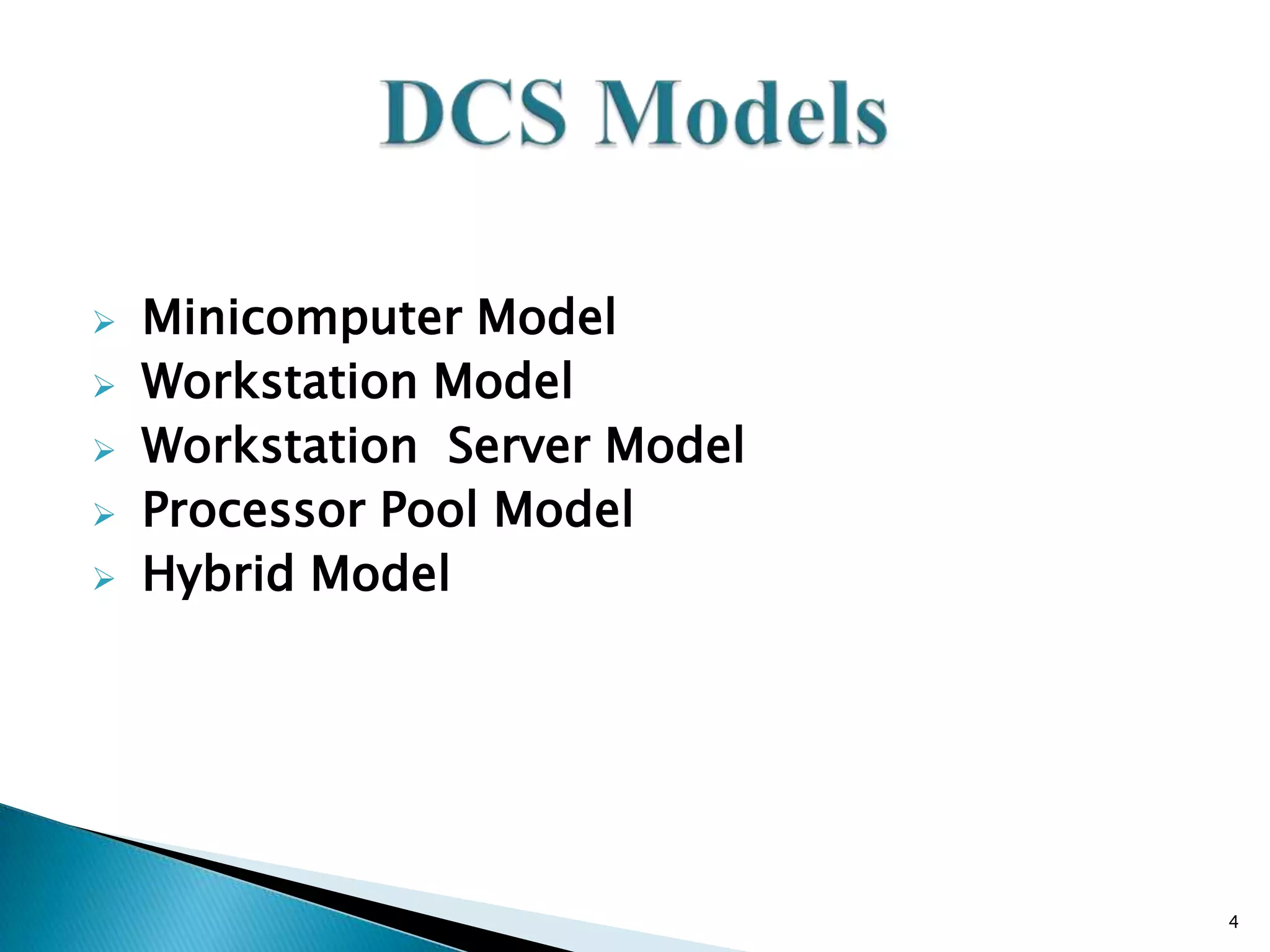 





Minicomputer Model
Workstation Model
Workstation Server Model
Processor Pool Model
Hybrid Model

4

 